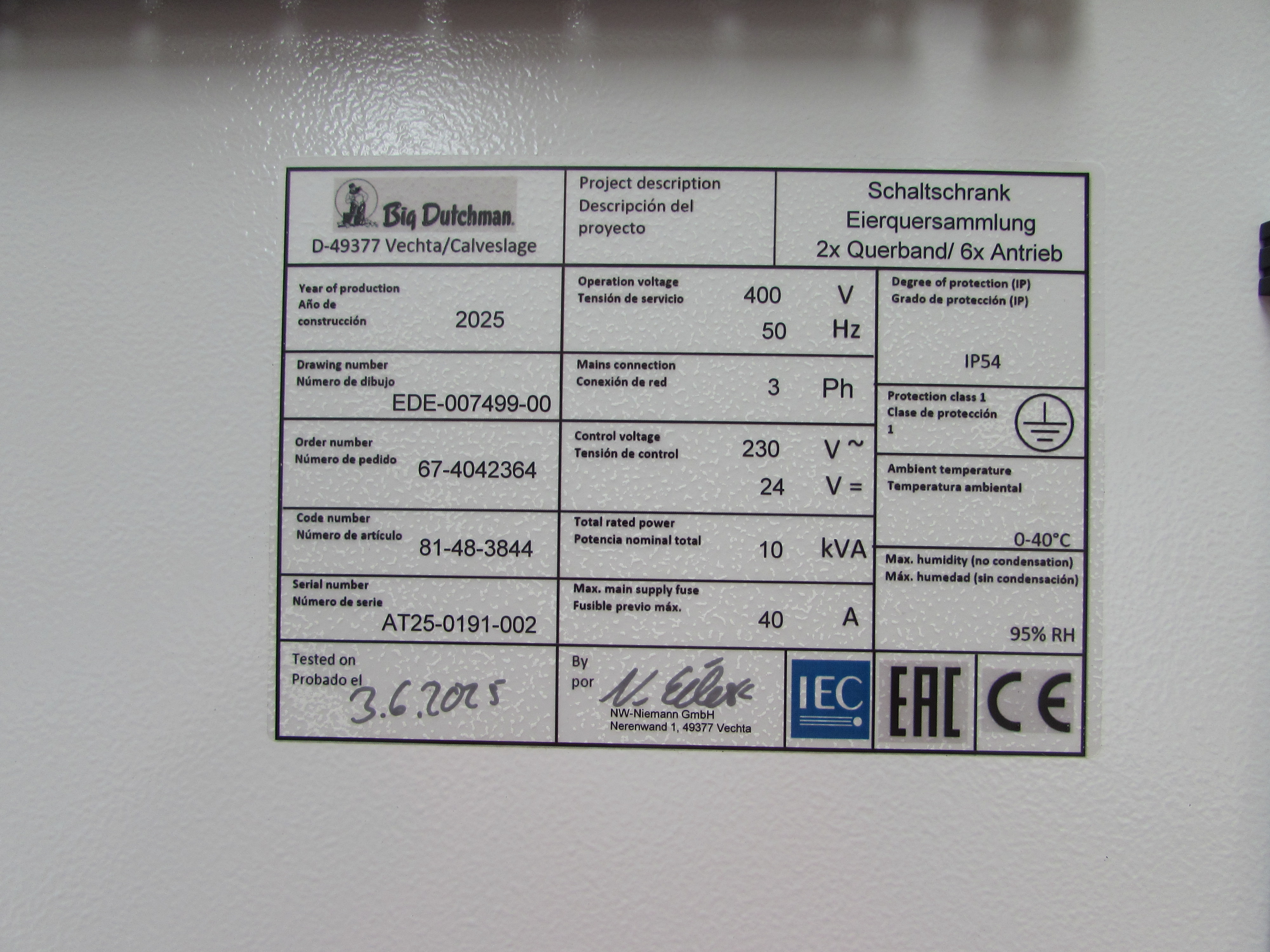 Control cabinet Granja Avicola las Rosas egg cross collectio